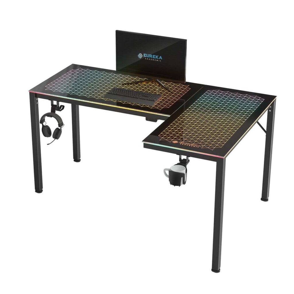 Eureka Ergonomics GAMING DESK: GTG-L60 60″ Spectrum RGB Reversible L Shape Glass